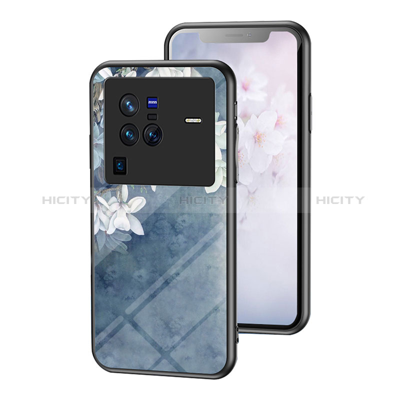 Funda Bumper Silicona Gel Espejo Flores Carcasa para Vivo X80 Pro 5G Azul