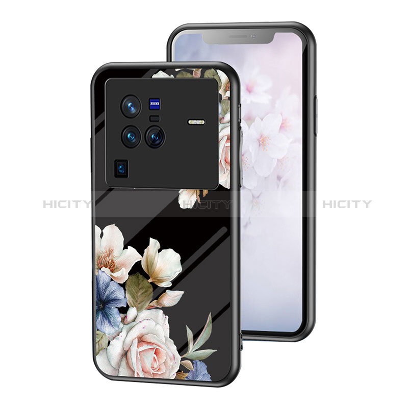 Funda Bumper Silicona Gel Espejo Flores Carcasa para Vivo X80 Pro 5G Negro