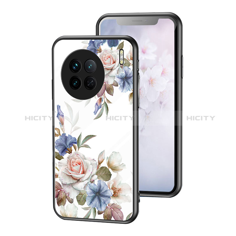 Funda Bumper Silicona Gel Espejo Flores Carcasa para Vivo X90 5G Blanco