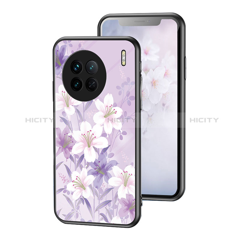 Funda Bumper Silicona Gel Espejo Flores Carcasa para Vivo X90 5G Purpura Claro