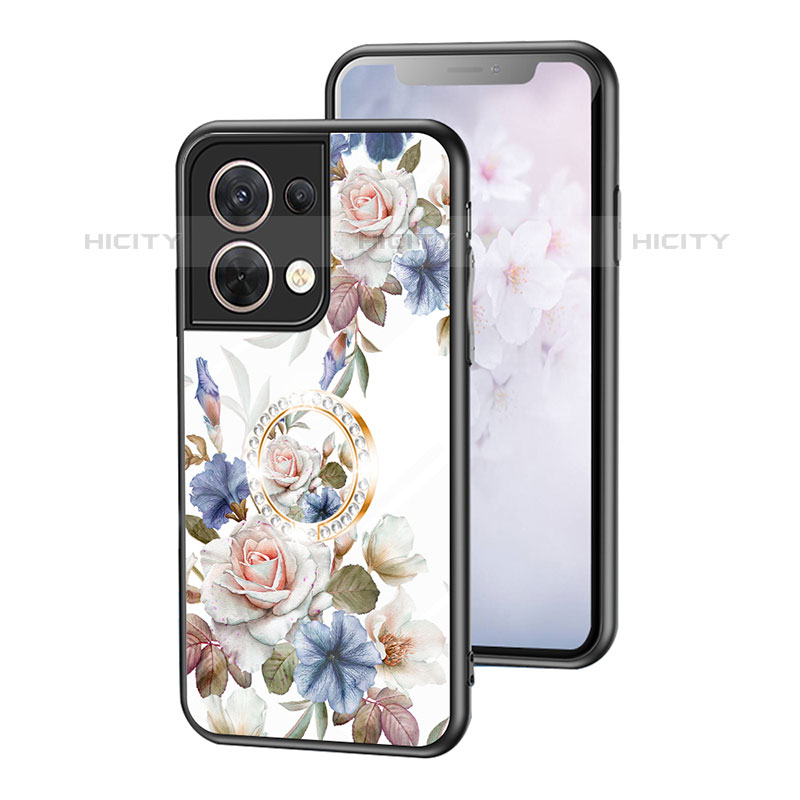 Funda Bumper Silicona Gel Espejo Flores Carcasa S01 para Oppo Reno9 5G Blanco