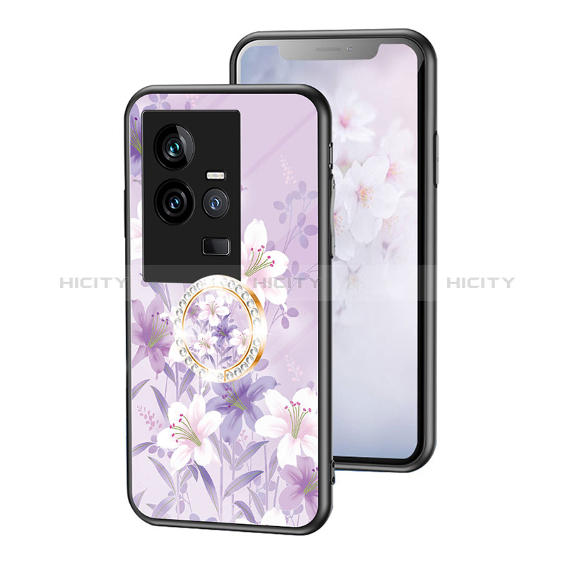 Funda Bumper Silicona Gel Espejo Flores Carcasa S01 para Vivo iQOO 11 5G Purpura Claro