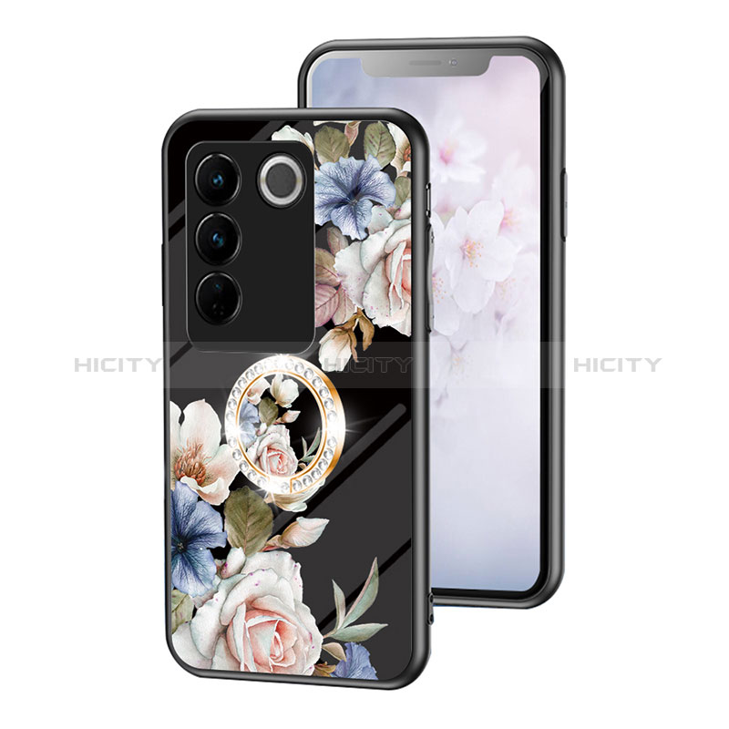 Funda Bumper Silicona Gel Espejo Flores Carcasa S01 para Vivo V27 5G Negro