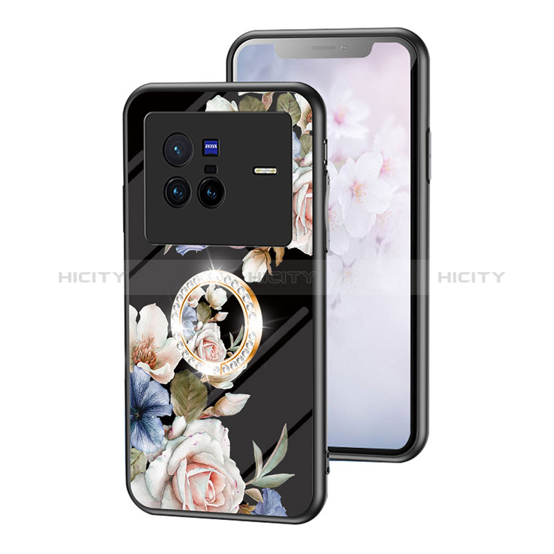 Funda Bumper Silicona Gel Espejo Flores Carcasa S01 para Vivo X80 5G Negro