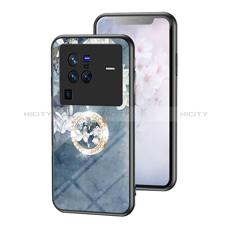 Funda Bumper Silicona Gel Espejo Flores Carcasa S01 para Vivo X80 Pro 5G Azul