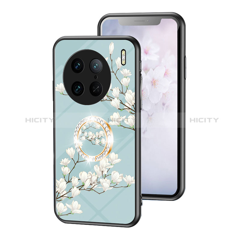 Funda Bumper Silicona Gel Espejo Flores Carcasa S01 para Vivo X90 Pro 5G Cian