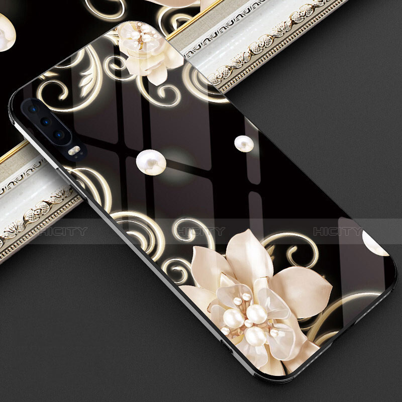 Funda Bumper Silicona Gel Espejo Flores Carcasa S02 para Huawei P30 Negro