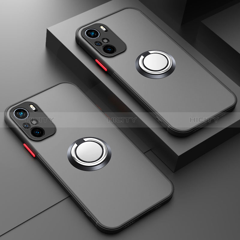 Funda Bumper Silicona Transparente con Magnetico Anillo de dedo Soporte T01 para Xiaomi Poco F3 5G Negro