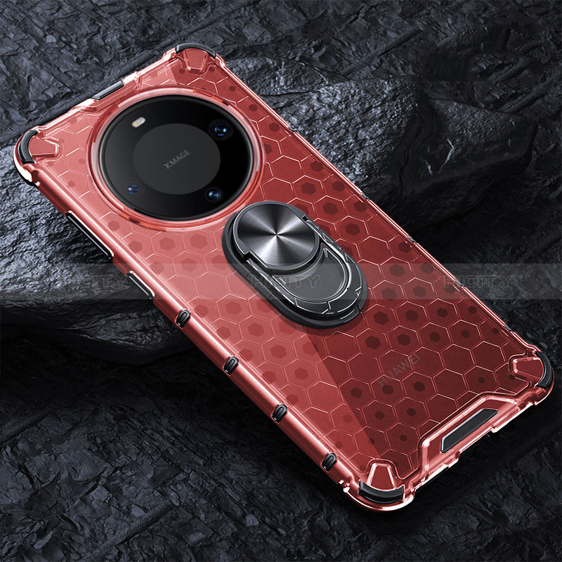 Funda Bumper Silicona Transparente Espejo 360 Grados con Magnetico Anillo de dedo Soporte AM1 para Huawei Mate 60 Pro+ Plus Rojo