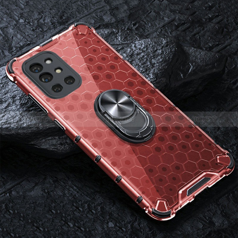 Funda Bumper Silicona Transparente Espejo 360 Grados con Magnetico Anillo de dedo Soporte AM1 para OnePlus 9R 5G Rojo