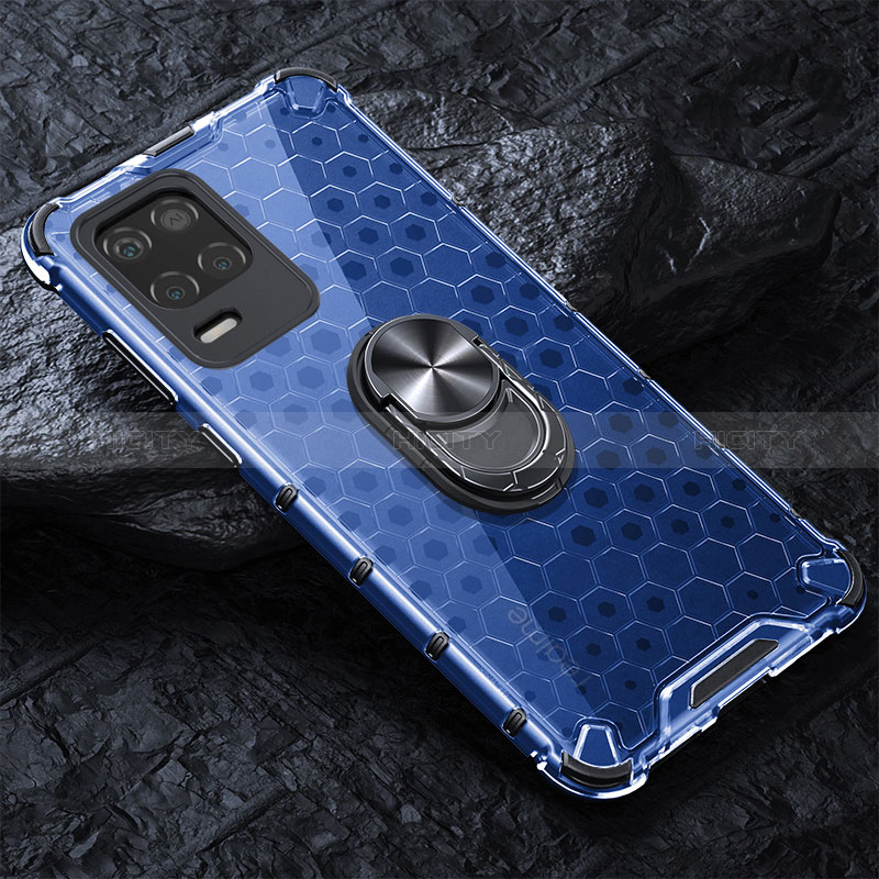 Funda Bumper Silicona Transparente Espejo 360 Grados con Magnetico Anillo de dedo Soporte AM1 para Realme 8 5G Azul