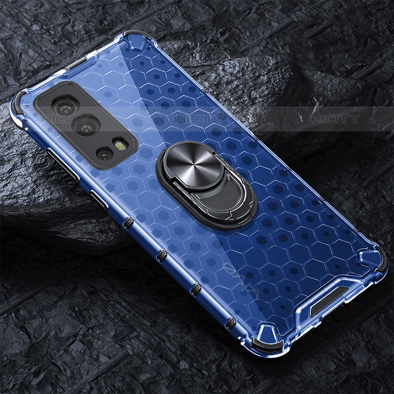 Funda Bumper Silicona Transparente Espejo 360 Grados con Magnetico Anillo de dedo Soporte AM1 para Vivo iQOO Z3 5G Azul