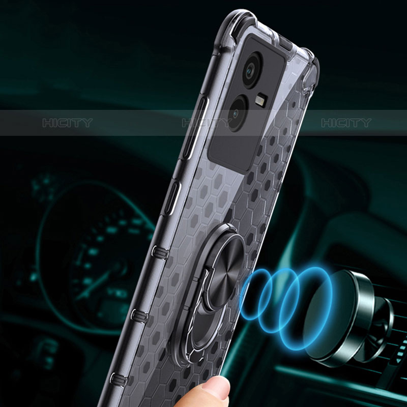 Funda Bumper Silicona Transparente Espejo 360 Grados con Magnetico Anillo de dedo Soporte AM1 para Vivo iQOO Z6x