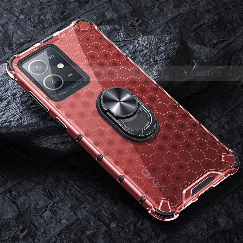 Funda Bumper Silicona Transparente Espejo 360 Grados con Magnetico Anillo de dedo Soporte AM1 para Vivo T1 5G India Rojo