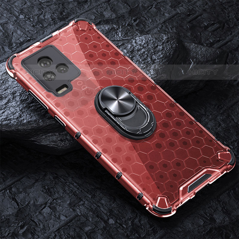 Funda Bumper Silicona Transparente Espejo 360 Grados con Magnetico Anillo de dedo Soporte AM1 para Vivo V21s 5G Rojo