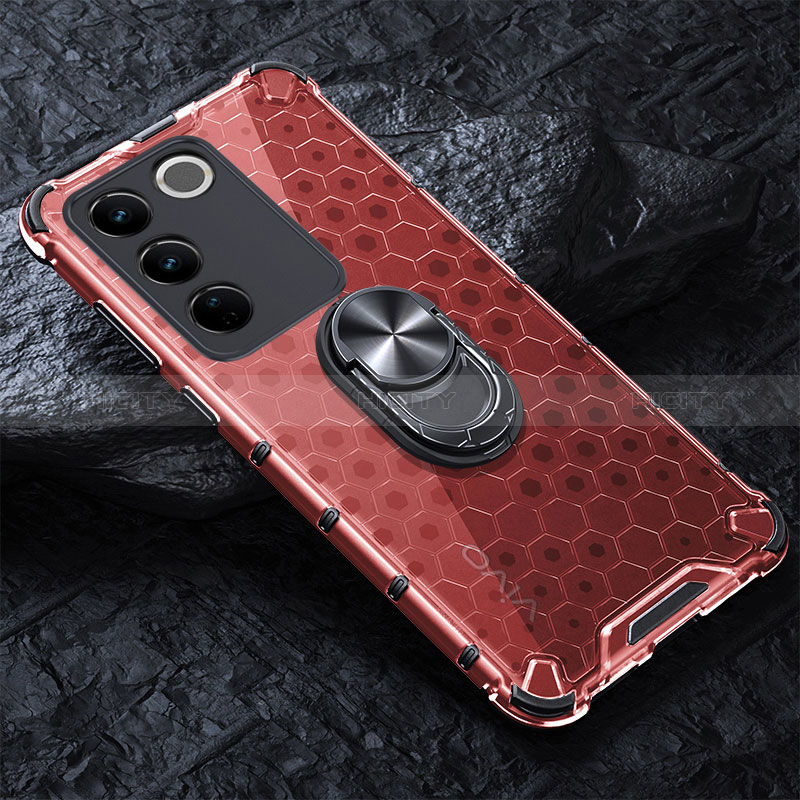 Funda Bumper Silicona Transparente Espejo 360 Grados con Magnetico Anillo de dedo Soporte AM1 para Vivo V27e 5G Rojo