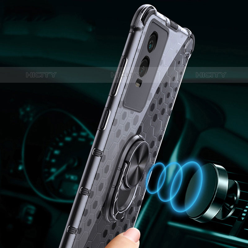 Funda Bumper Silicona Transparente Espejo 360 Grados con Magnetico Anillo de dedo Soporte AM1 para Vivo Y74s 5G