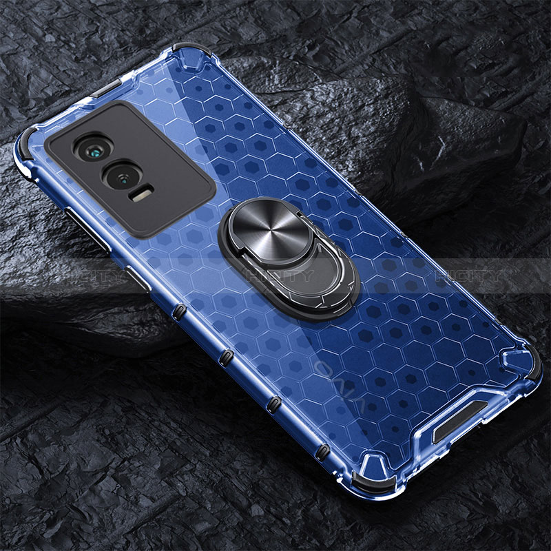 Funda Bumper Silicona Transparente Espejo 360 Grados con Magnetico Anillo de dedo Soporte AM1 para Vivo Y76s 5G Azul