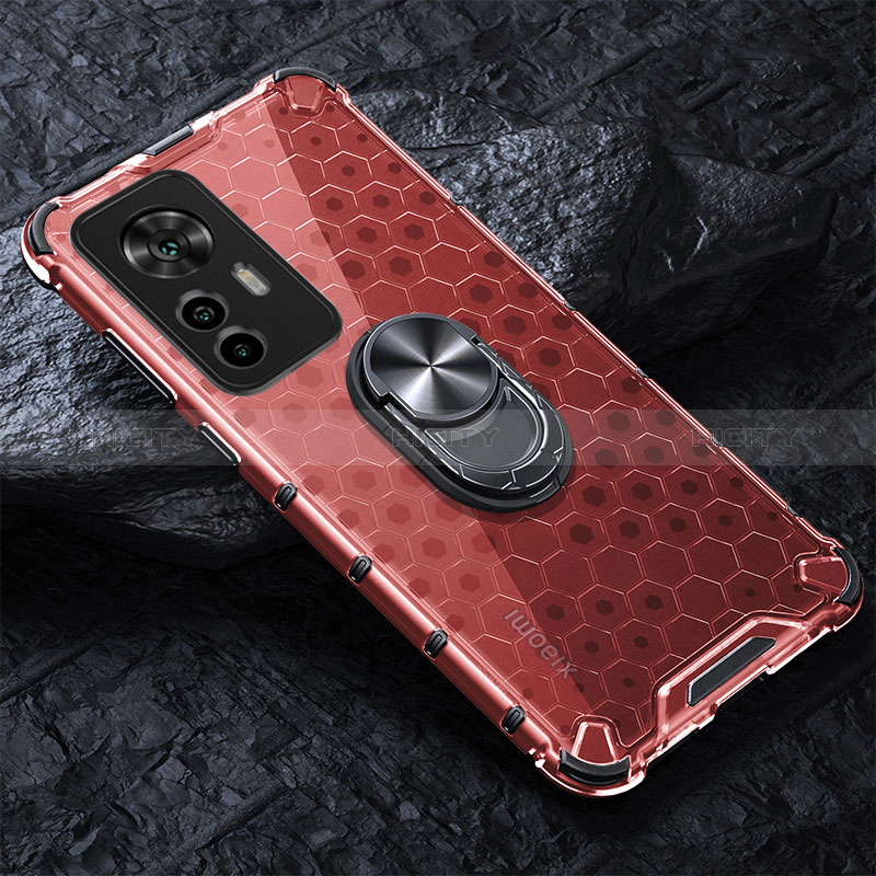 Funda Bumper Silicona Transparente Espejo 360 Grados con Magnetico Anillo de dedo Soporte AM1 para Xiaomi Mi 12T 5G Rojo