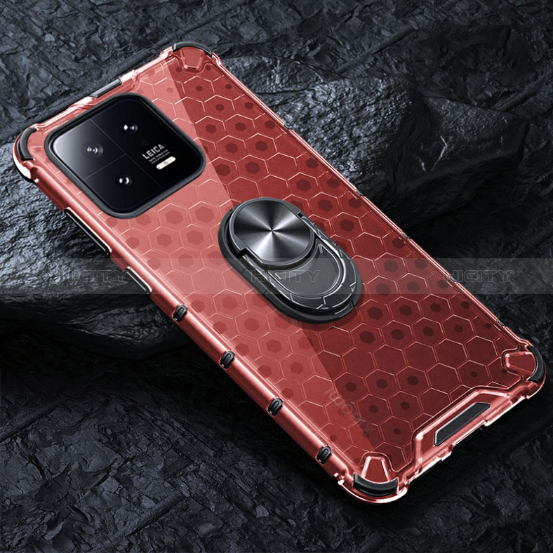 Funda Bumper Silicona Transparente Espejo 360 Grados con Magnetico Anillo de dedo Soporte AM1 para Xiaomi Mi 13 Pro 5G Rojo