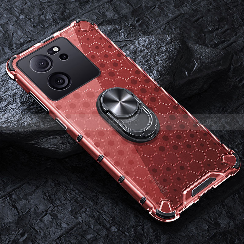 Funda Bumper Silicona Transparente Espejo 360 Grados con Magnetico Anillo de dedo Soporte AM1 para Xiaomi Mi 13T 5G Rojo