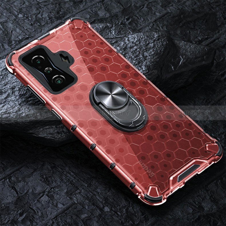 Funda Bumper Silicona Transparente Espejo 360 Grados con Magnetico Anillo de dedo Soporte AM1 para Xiaomi Poco F4 GT 5G Rojo