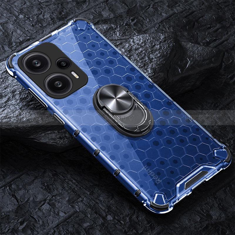 Funda Bumper Silicona Transparente Espejo 360 Grados con Magnetico Anillo de dedo Soporte AM1 para Xiaomi Poco F5 5G Azul