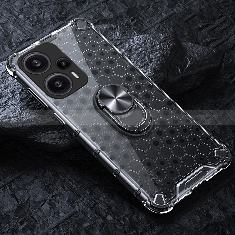 Funda Bumper Silicona Transparente Espejo 360 Grados con Magnetico Anillo de dedo Soporte AM1 para Xiaomi Poco F5 5G Gris