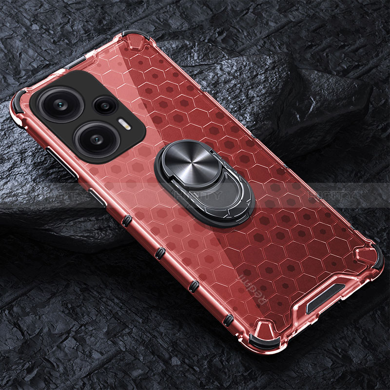 Funda Bumper Silicona Transparente Espejo 360 Grados con Magnetico Anillo de dedo Soporte AM1 para Xiaomi Poco F5 5G Rojo