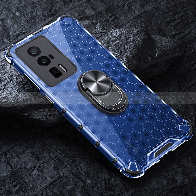 Funda Bumper Silicona Transparente Espejo 360 Grados con Magnetico Anillo de dedo Soporte AM1 para Xiaomi Poco F5 Pro 5G Azul