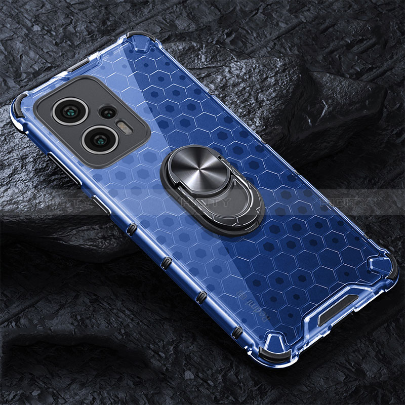 Funda Bumper Silicona Transparente Espejo 360 Grados con Magnetico Anillo de dedo Soporte AM1 para Xiaomi Poco X4 GT 5G Azul