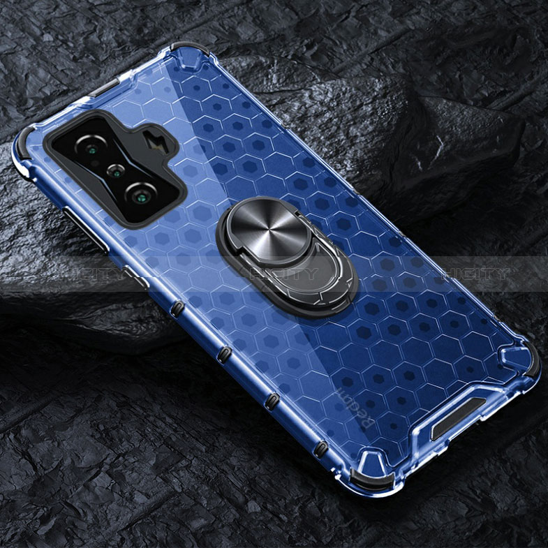 Funda Bumper Silicona Transparente Espejo 360 Grados con Magnetico Anillo de dedo Soporte AM1 para Xiaomi Redmi K50 Gaming 5G Azul