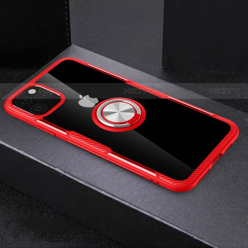 Funda Bumper Silicona Transparente Espejo 360 Grados con Magnetico Anillo de dedo Soporte M01 para Apple iPhone 11 Pro Max Rojo