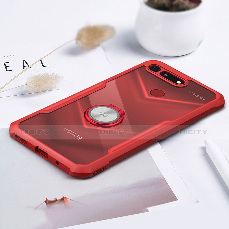 Funda Bumper Silicona Transparente Espejo 360 Grados con Magnetico Anillo de dedo Soporte para Huawei Honor V20 Rojo