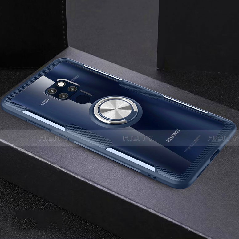 Funda Bumper Silicona Transparente Espejo 360 Grados con Magnetico Anillo de dedo Soporte para Huawei Mate 20 Azul Cielo