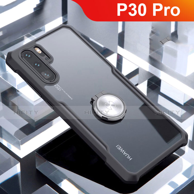 Funda Bumper Silicona Transparente Espejo 360 Grados con Magnetico Anillo de dedo Soporte para Huawei P30 Pro Negro