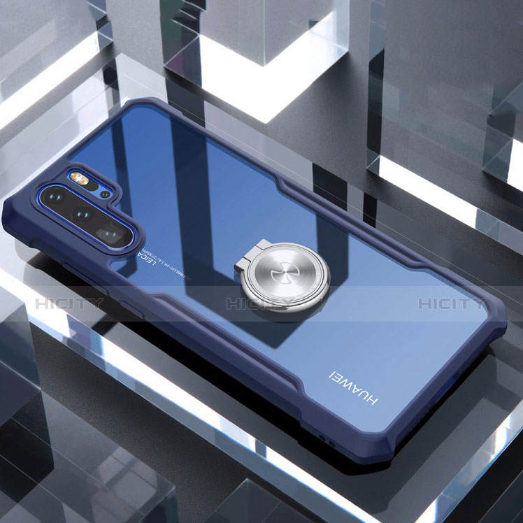 Funda Bumper Silicona Transparente Espejo 360 Grados con Magnetico Anillo de dedo Soporte para Huawei P30 Pro New Edition Azul