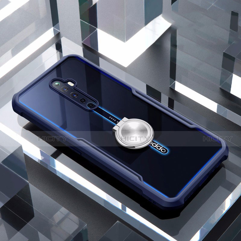 Funda Bumper Silicona Transparente Espejo 360 Grados con Magnetico Anillo de dedo Soporte para Oppo Reno2 Z Azul