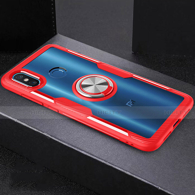 Funda Bumper Silicona Transparente Espejo 360 Grados con Magnetico Anillo de dedo Soporte para Xiaomi Mi 8 Rojo