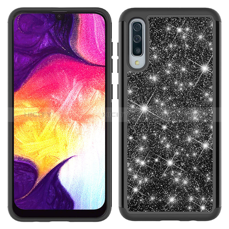 Funda Bumper Silicona y Plastico Carcasa Frontal y Trasera 360 Grados Bling-Bling JX1 para Samsung Galaxy A50 Negro