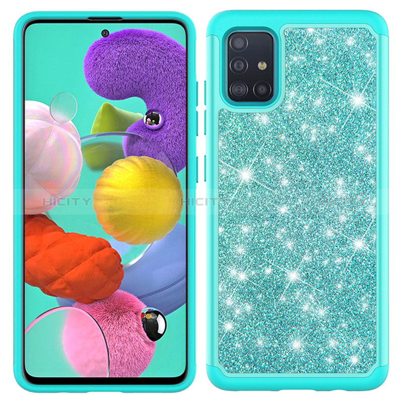 Funda Bumper Silicona y Plastico Carcasa Frontal y Trasera 360 Grados Bling-Bling JX1 para Samsung Galaxy A51 5G Cian