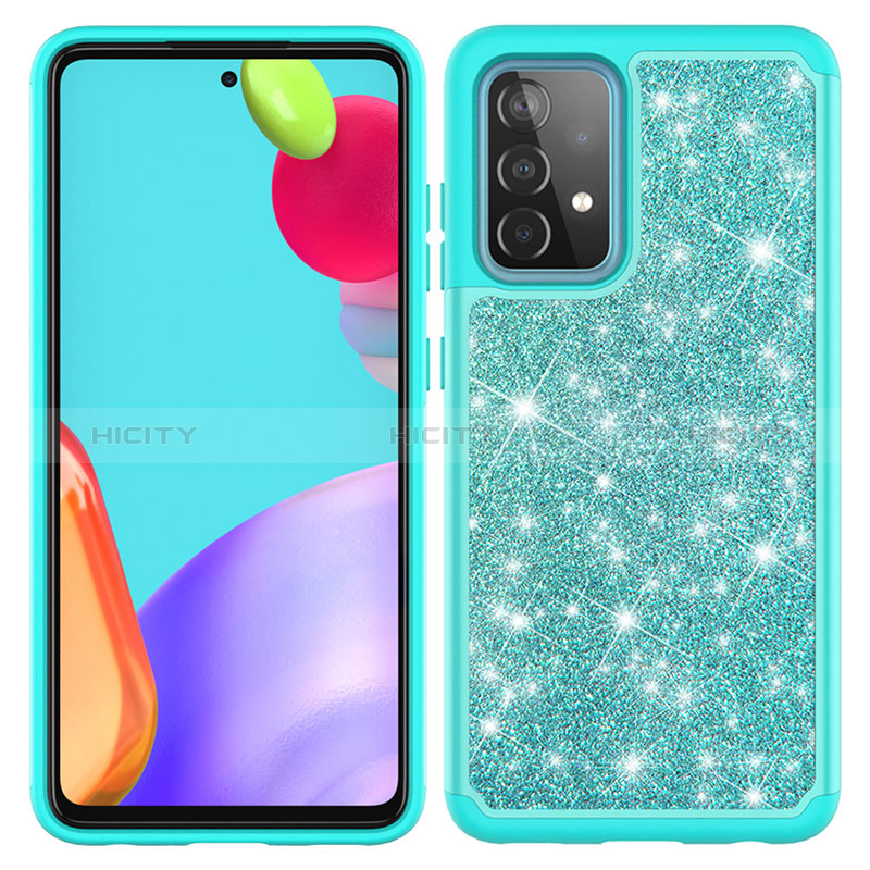 Funda Bumper Silicona y Plastico Carcasa Frontal y Trasera 360 Grados Bling-Bling JX1 para Samsung Galaxy A52s 5G Cian