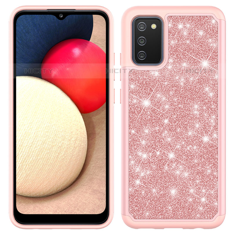 Funda Bumper Silicona y Plastico Carcasa Frontal y Trasera 360 Grados Bling-Bling JX1 para Samsung Galaxy M02s Oro Rosa