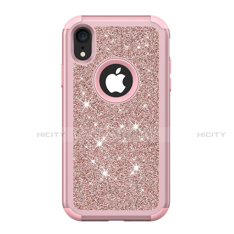 Funda Bumper Silicona y Plastico Carcasa Frontal y Trasera 360 Grados Bling-Bling para Apple iPhone XR Oro Rosa