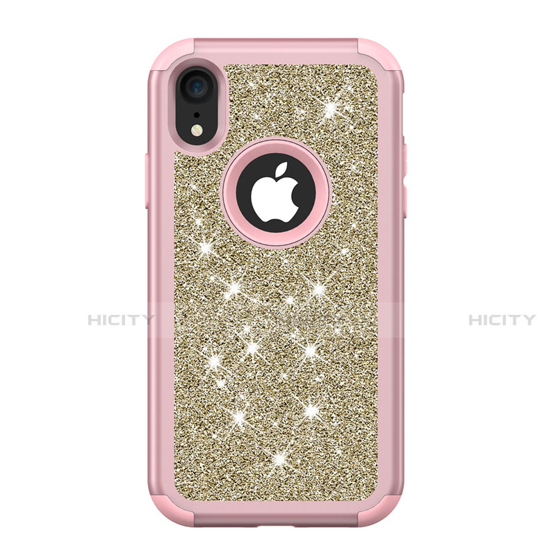 Funda Bumper Silicona y Plastico Carcasa Frontal y Trasera 360 Grados Bling-Bling para Apple iPhone XR Rosa