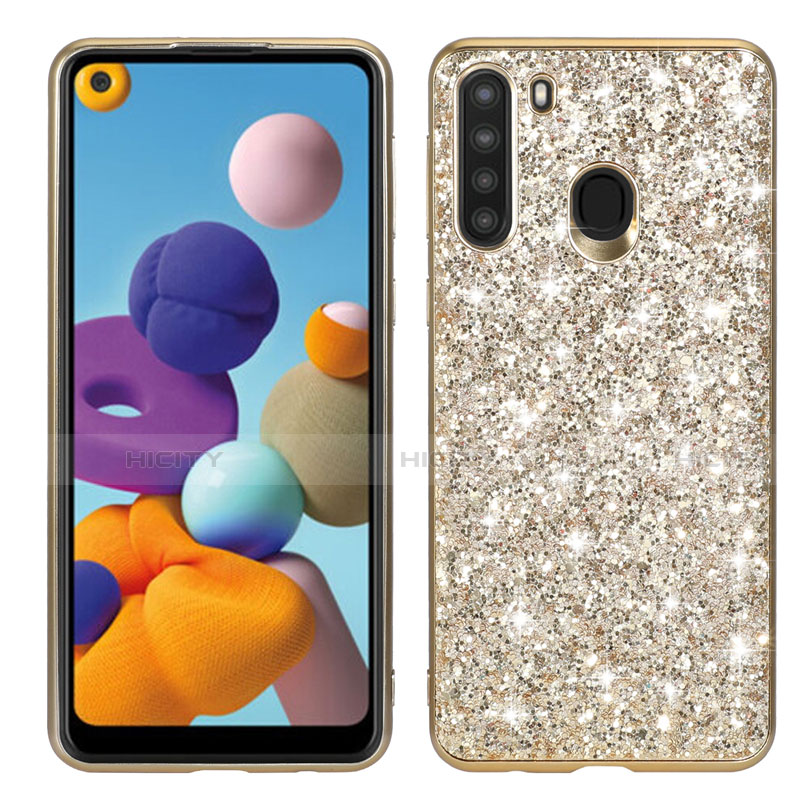 Funda Bumper Silicona y Plastico Carcasa Frontal y Trasera 360 Grados Bling-Bling para Samsung Galaxy A21 Oro