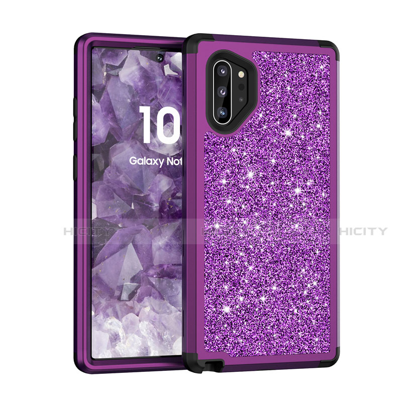 Funda Bumper Silicona y Plastico Carcasa Frontal y Trasera 360 Grados Bling-Bling para Samsung Galaxy Note 10 Plus Morado