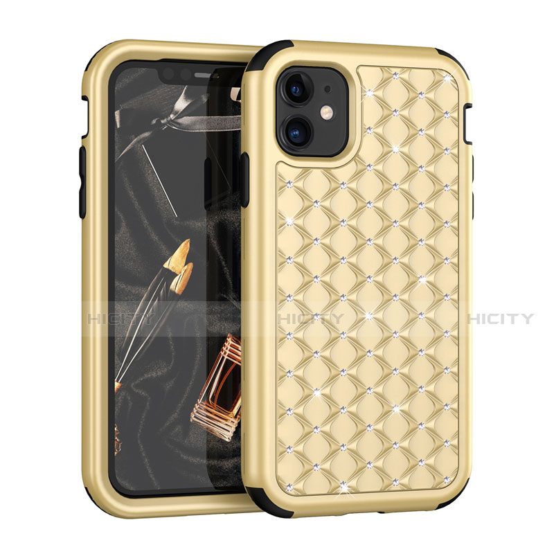 Funda Bumper Silicona y Plastico Carcasa Frontal y Trasera 360 Grados Bling-Bling U01 para Apple iPhone 11 Oro y Negro