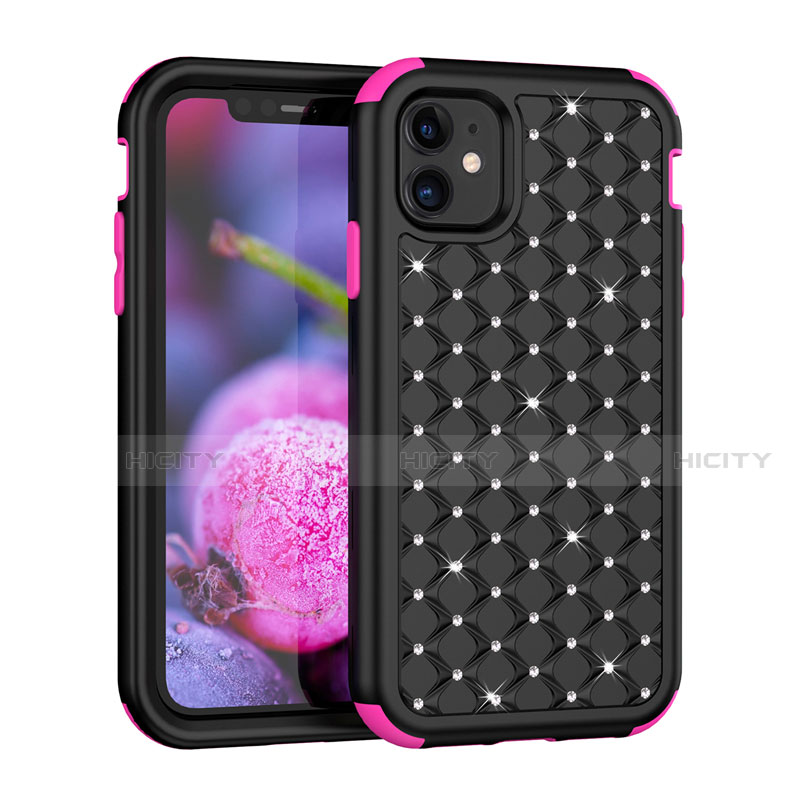 Funda Bumper Silicona y Plastico Carcasa Frontal y Trasera 360 Grados Bling-Bling U01 para Apple iPhone 11 Rosa