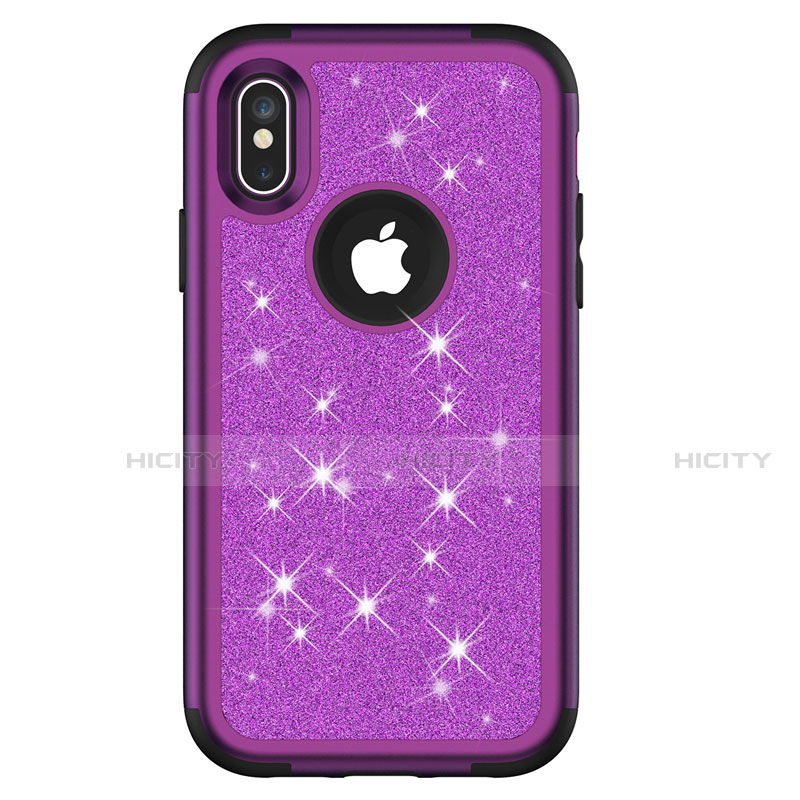 Funda Bumper Silicona y Plastico Carcasa Frontal y Trasera 360 Grados Bling-Bling U01 para Apple iPhone X Morado